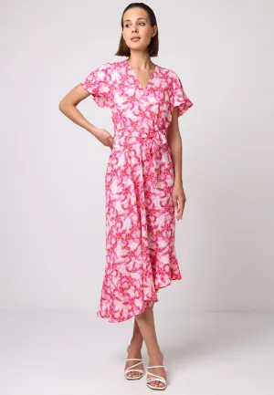 Faux Wrap Ruffled Bias Hem Midi Dress In Pink Floral Print