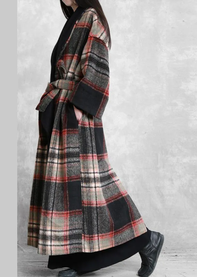 Fine Loose fitting maxi coat red plaid Notched tie waist Woolen Coat Women