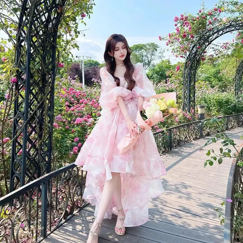 Girlary French high-grade niche design tea break light luxury dress female floral bubble sleeve square collar fairy skirt