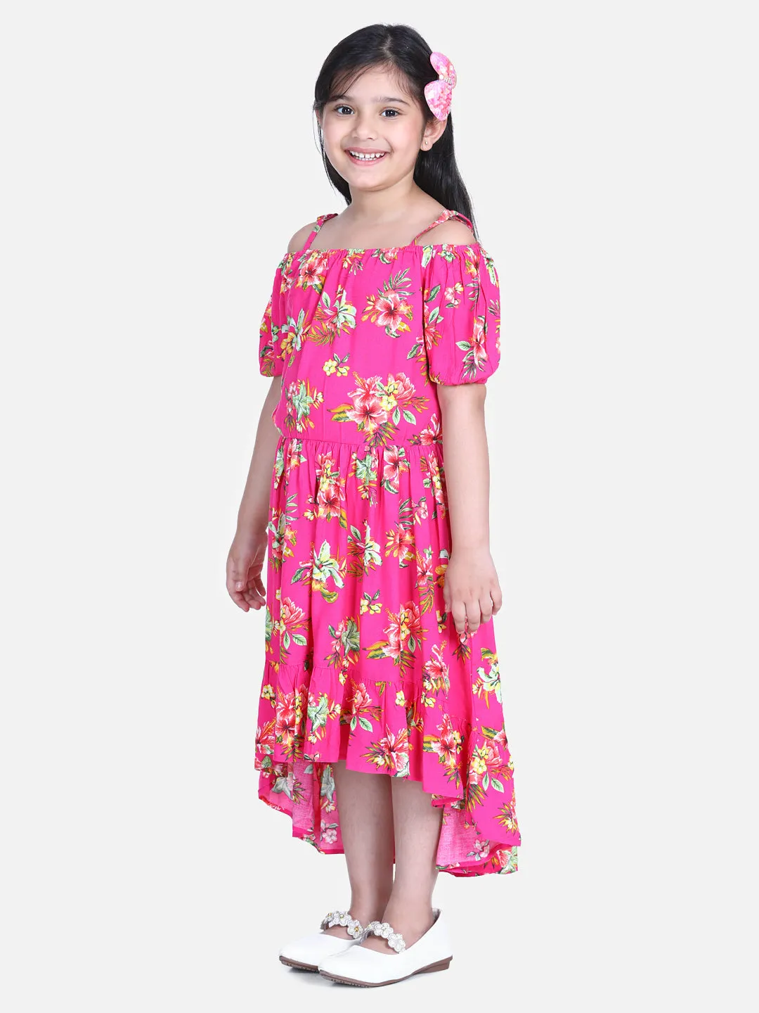 Girl's  Dark Pink Floral Hi Low Dress - StyleStone Kid