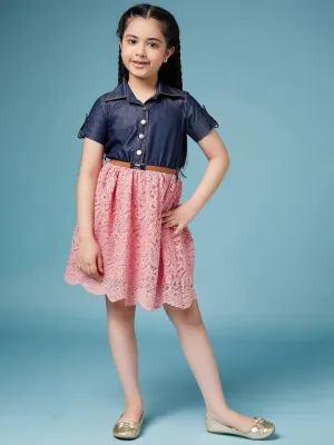 Girls Laced Floral Denim Shirt Dress - Ps Peaches