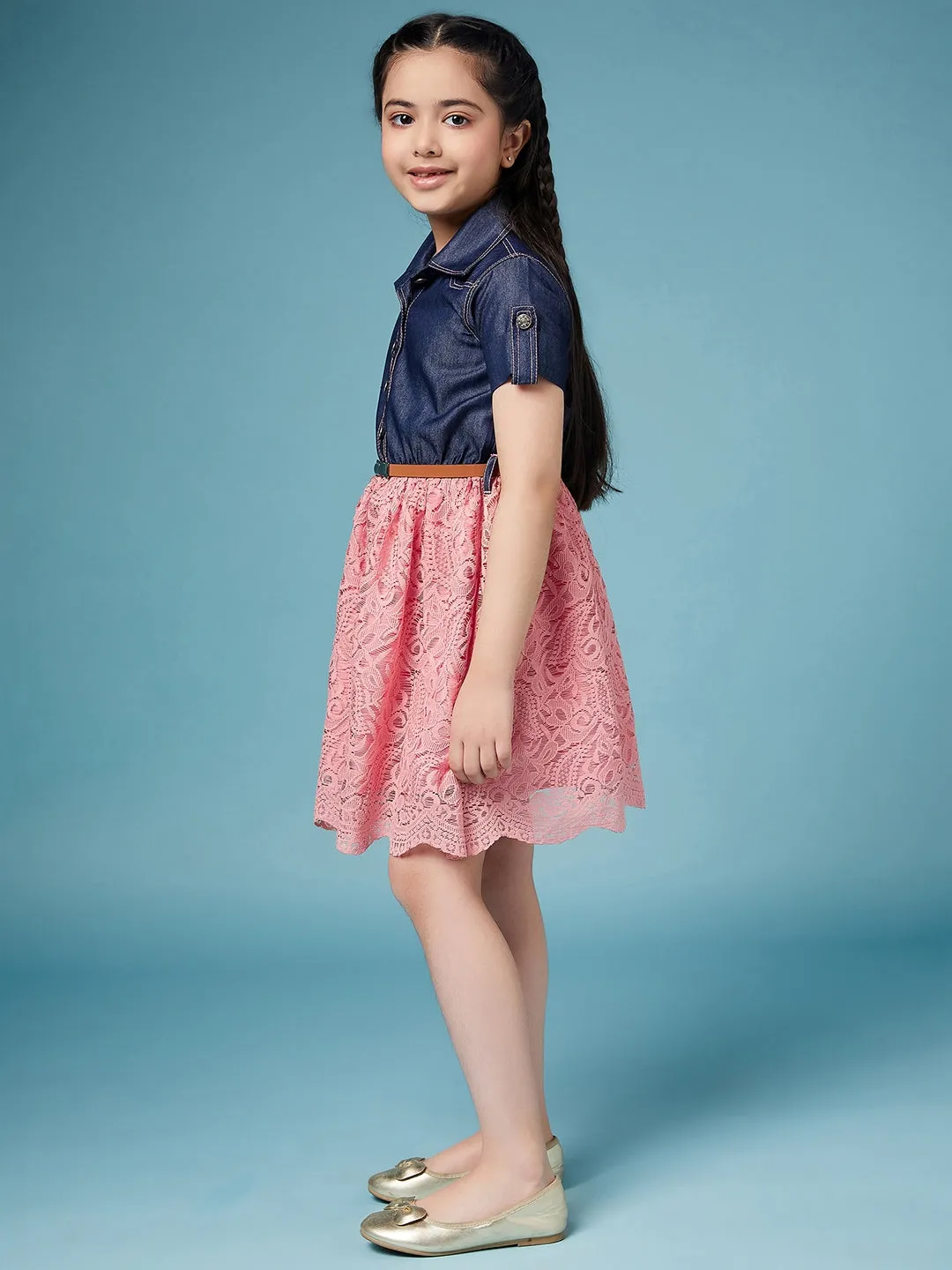 Girls Laced Floral Denim Shirt Dress - Ps Peaches