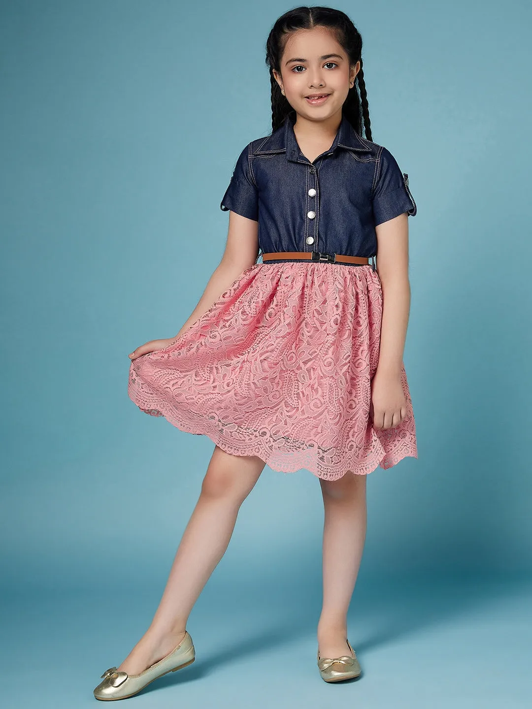 Girls Laced Floral Denim Shirt Dress - Ps Peaches