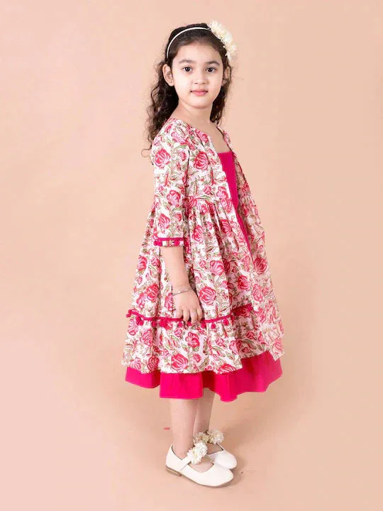 Girls Magenta White Floral A-Line Cotton Dress With Attached Shrug - Ps Peaches