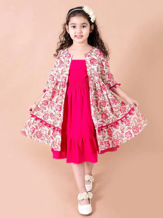 Girls Magenta White Floral A-Line Cotton Dress With Attached Shrug - Ps Peaches