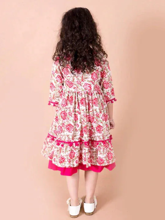 Girls Magenta White Floral A-Line Cotton Dress With Attached Shrug - Ps Peaches