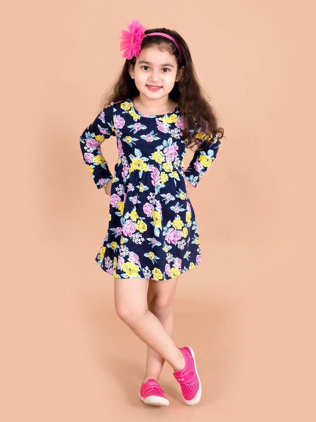 Girls Pink Blue Floral Print Cotton A-Line Dress - Ps Peaches