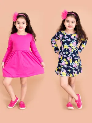 Girls Pink Blue Floral Print Cotton A-Line Dress - Ps Peaches