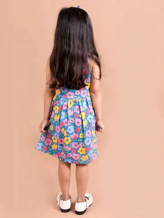 Girls Pink Blue Floral Print Cotton A-Line Dress - Ps Peaches