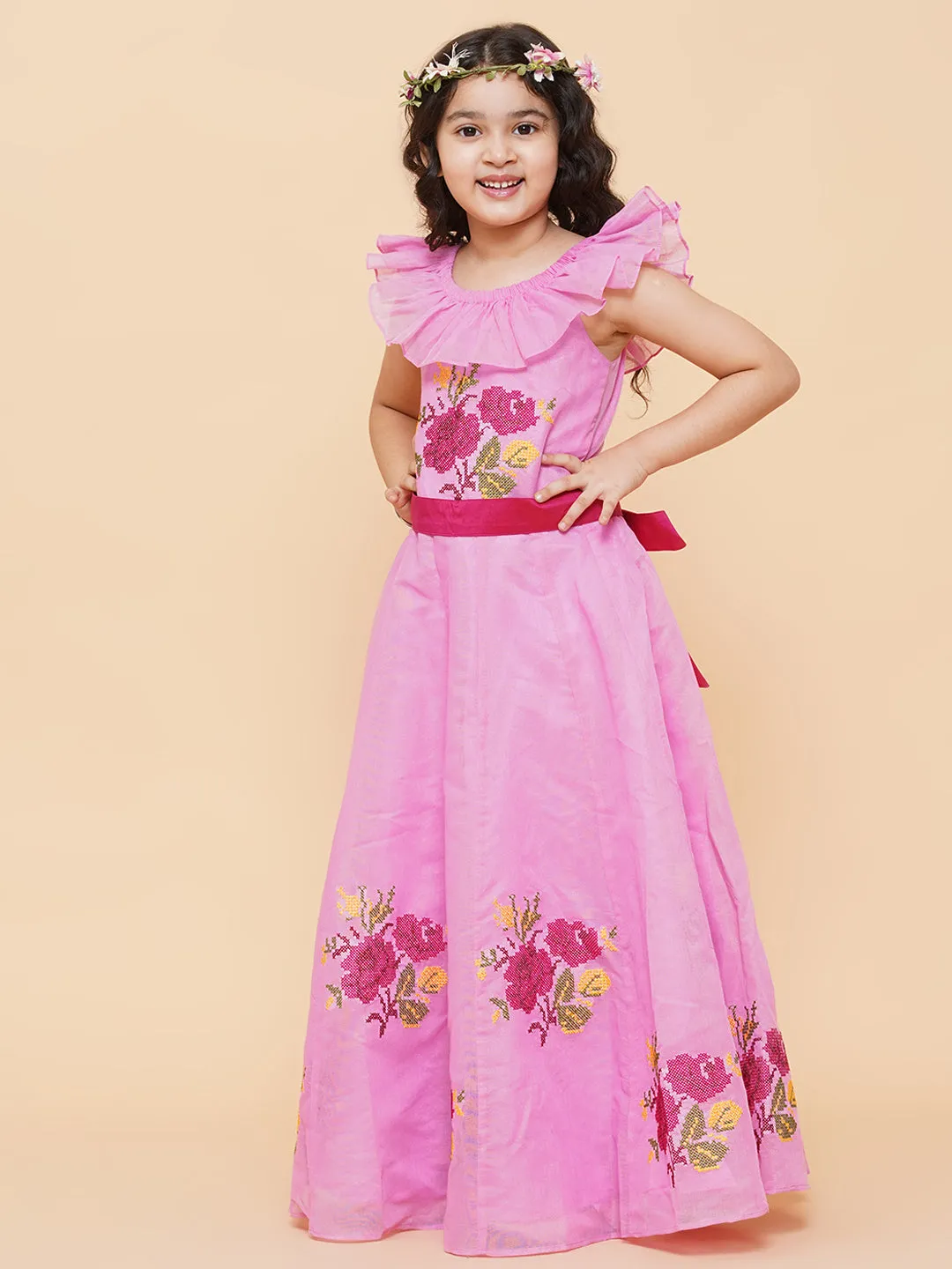 Girls Pink Floral Embroidered Fit & Flared Dress