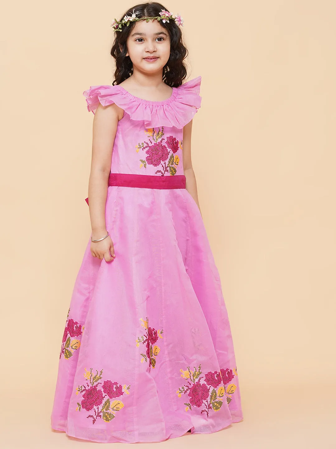 Girls Pink Floral Embroidered Fit & Flared Dress