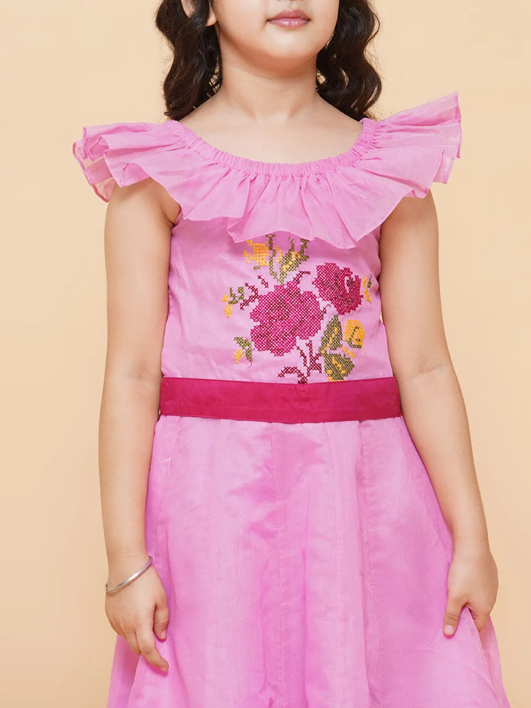 Girls Pink Floral Embroidered Fit & Flared Dress