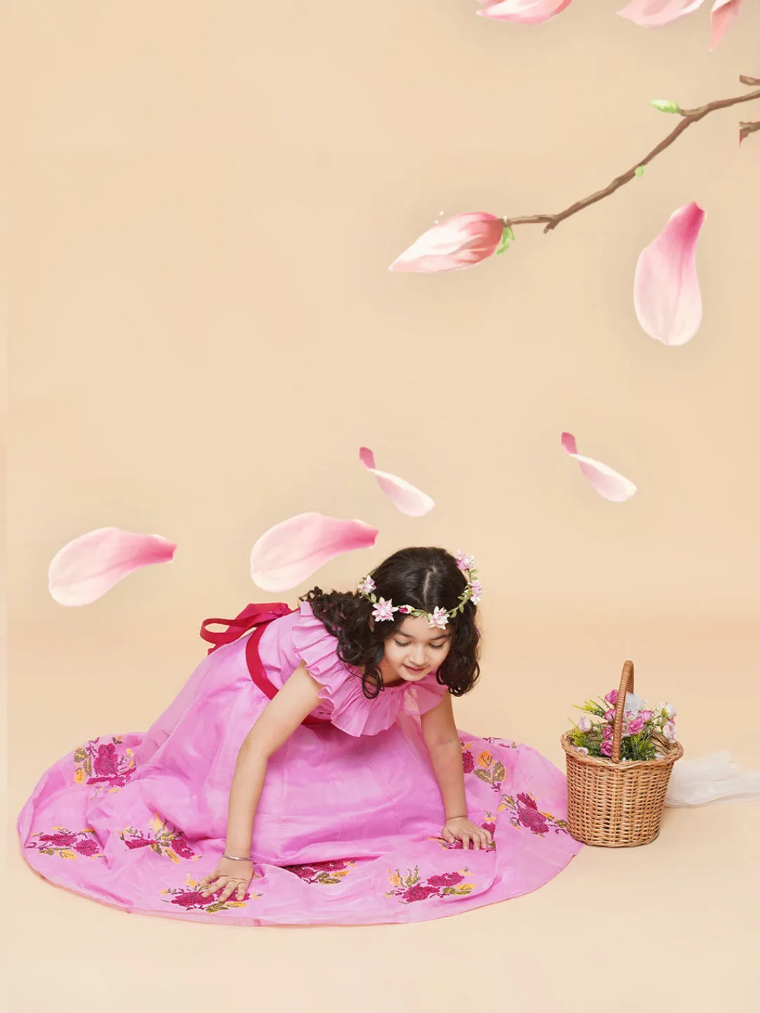 Girls Pink Floral Embroidered Fit & Flared Dress