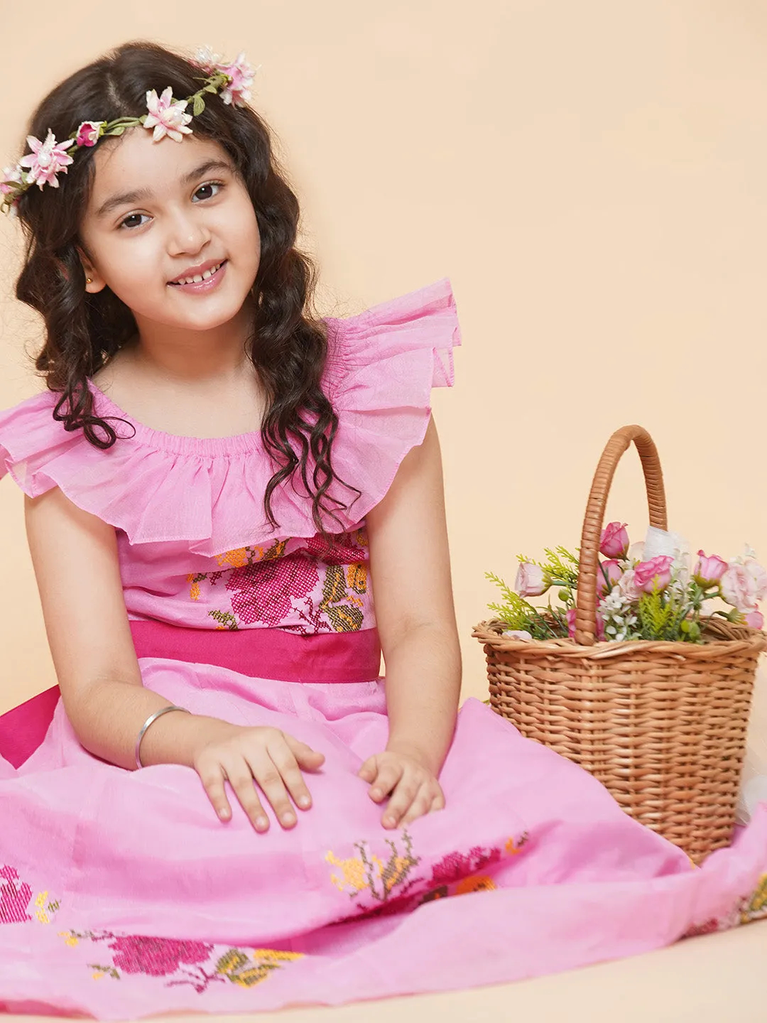 Girls Pink Floral Embroidered Fit & Flared Dress