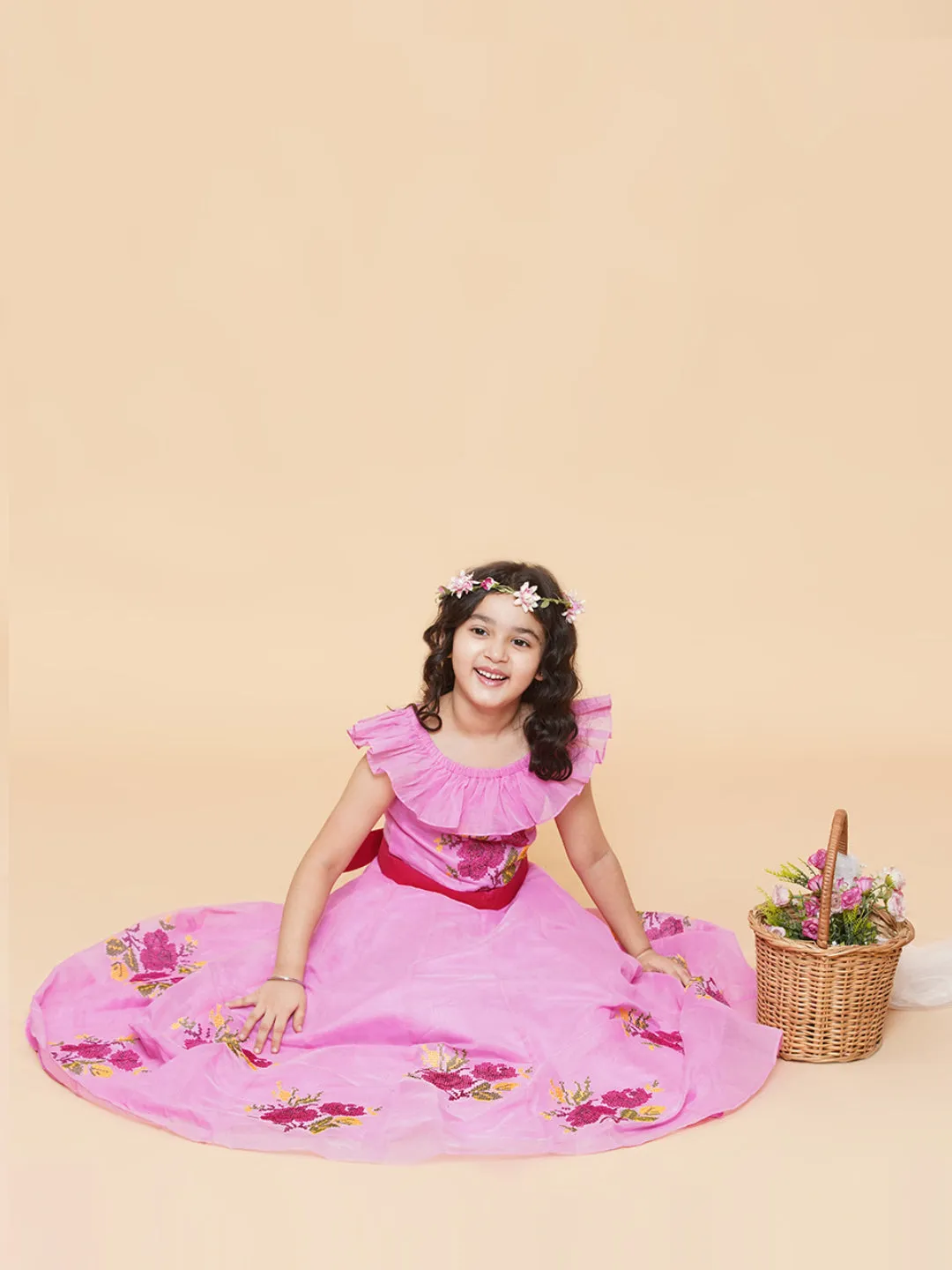 Girls Pink Floral Embroidered Fit & Flared Dress