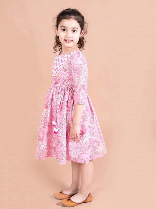 Girls Pink Floral Printed Pure Cotton Dress - Ps Peaches