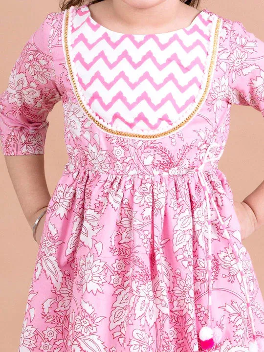 Girls Pink Floral Printed Pure Cotton Dress - Ps Peaches