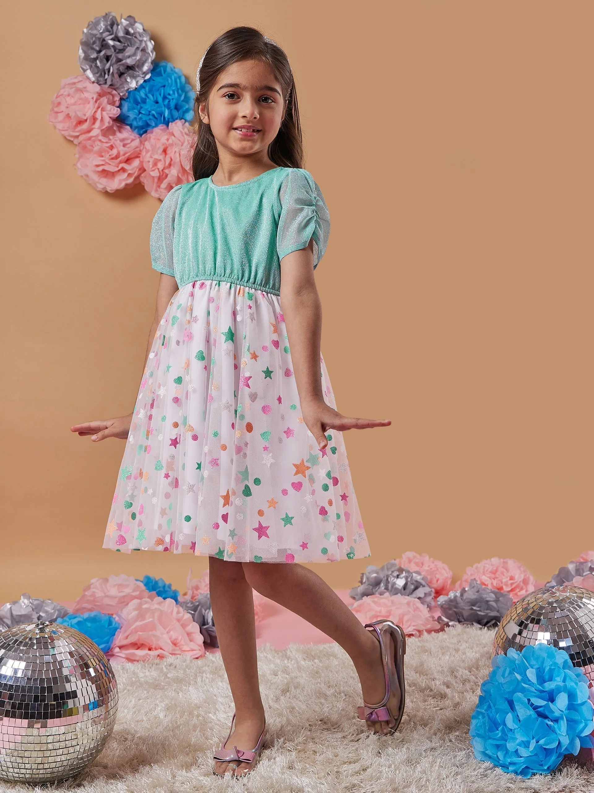 Girls Polka Dot Printed Net A-Line Dress - PS Peaches