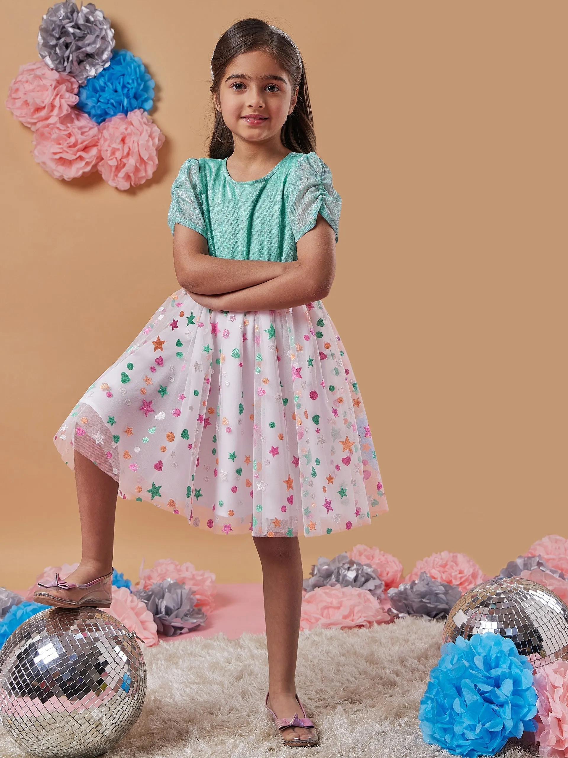 Girls Polka Dot Printed Net A-Line Dress - PS Peaches