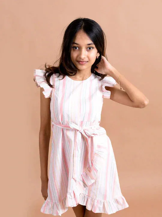 Girls White Red Striped Ruffles A-Line Dress - Ps Peaches