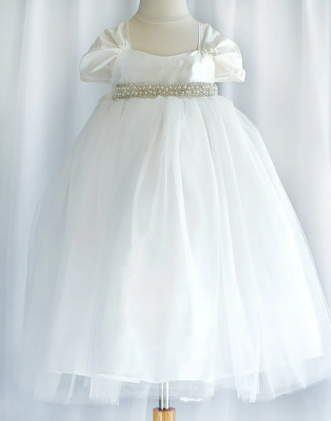 Glistening Satin Bodice and Tulle Overlay Skirt Dress With Pearl Belt - Ivory