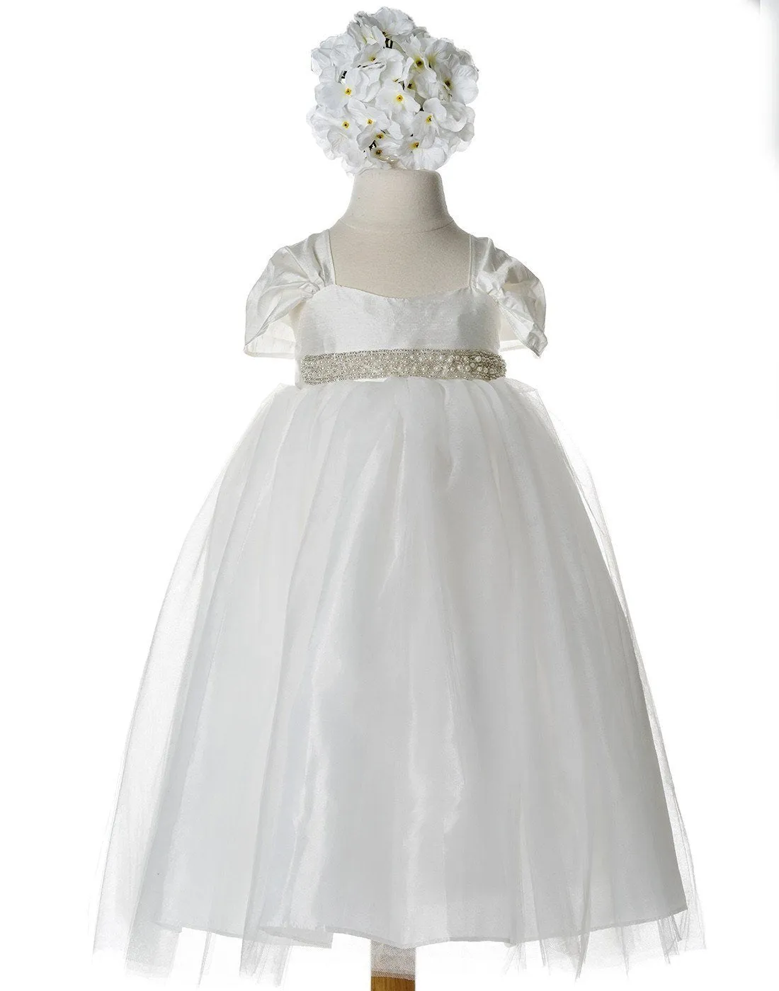 Glistening Satin Bodice and Tulle Overlay Skirt Dress With Pearl Belt - Ivory