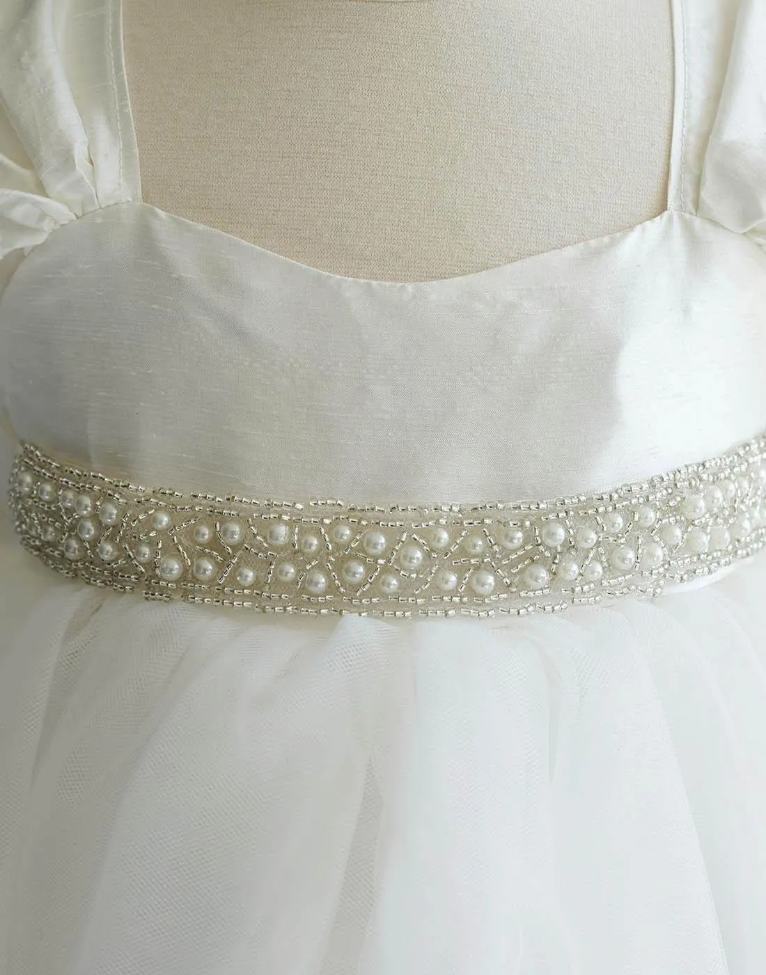 Glistening Satin Bodice and Tulle Overlay Skirt Dress With Pearl Belt - Ivory