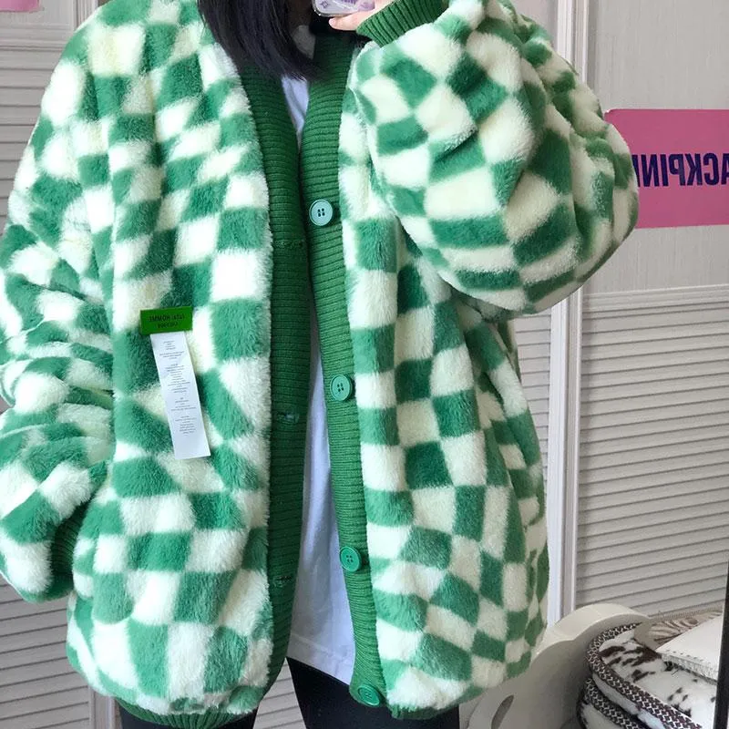 Green Checkered Plaid Soft Fuzzy Oversized Cardigan