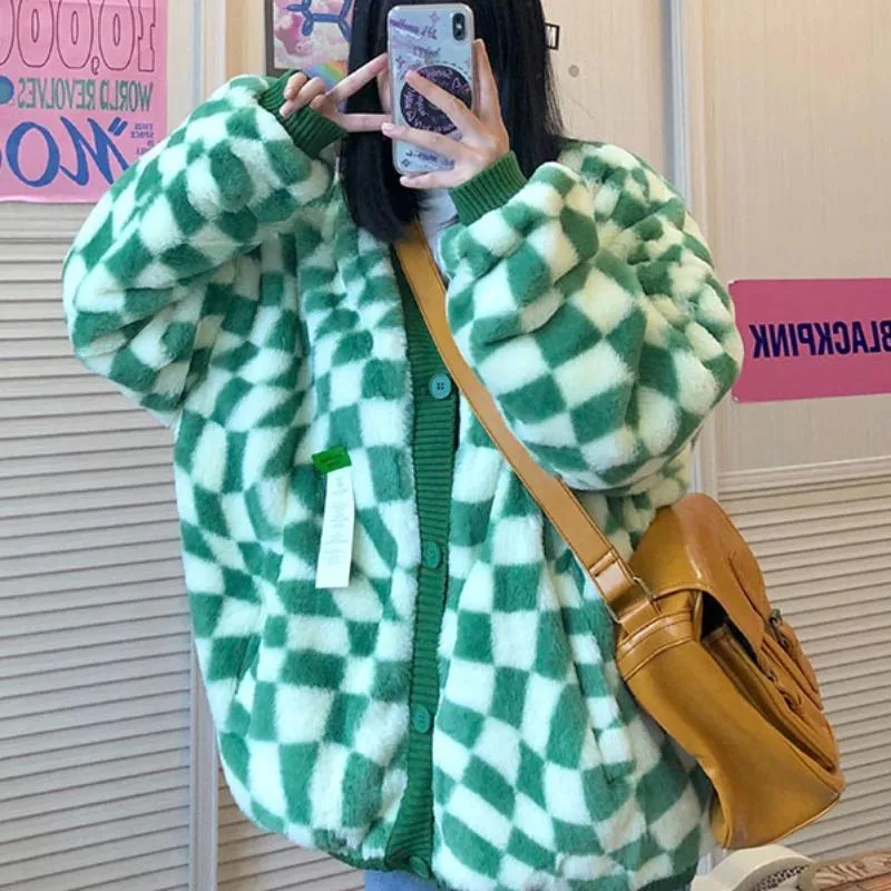 Green Checkered Plaid Soft Fuzzy Oversized Cardigan