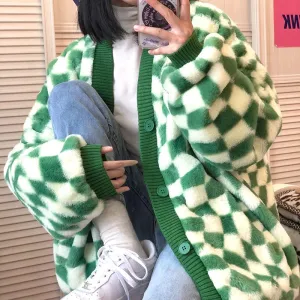 Green Checkered Plaid Soft Fuzzy Oversized Cardigan