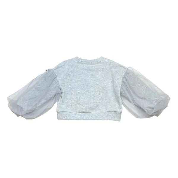 Grey Mesh Sleeves Bowtie Top