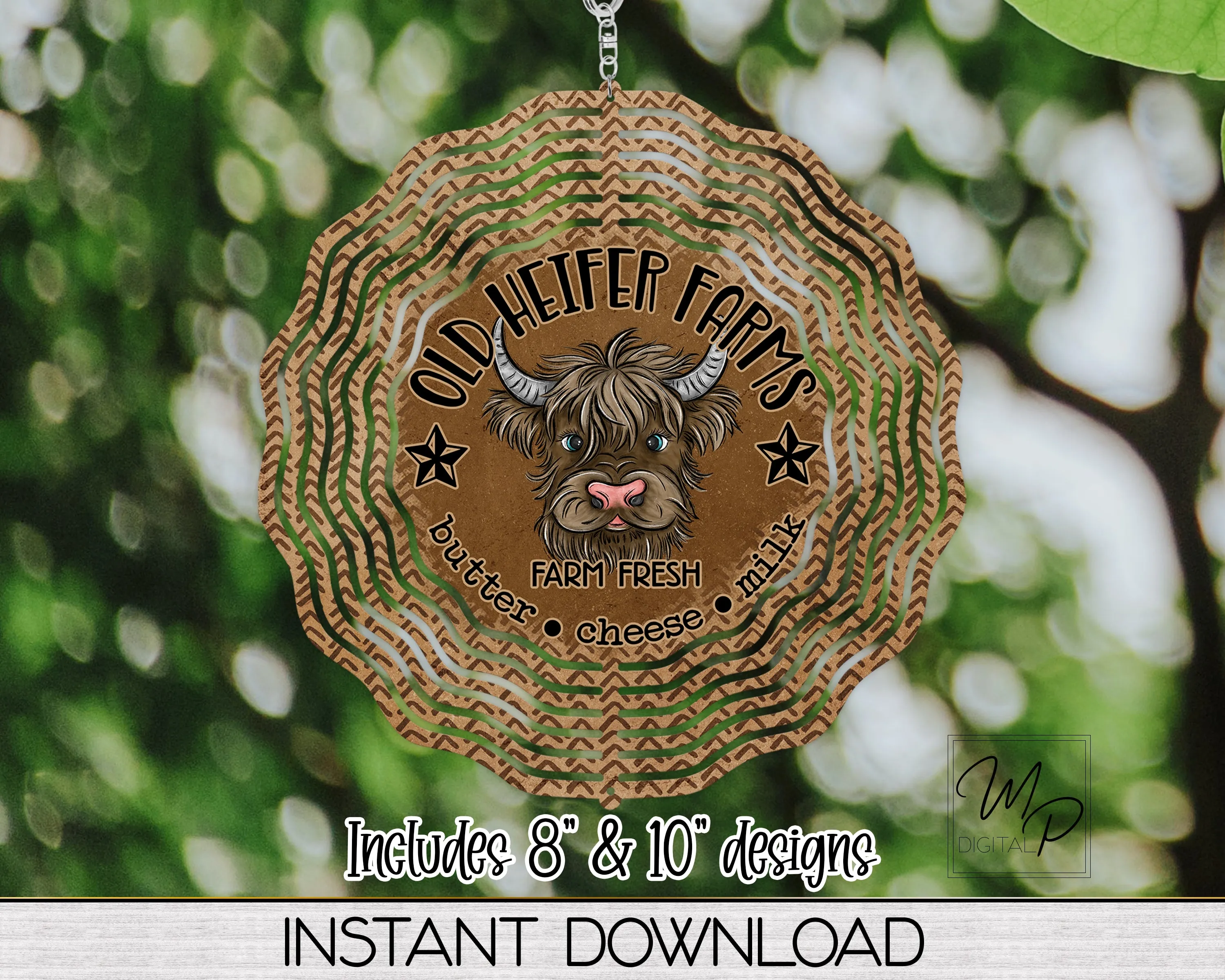 Heifer Farms Highland Cow Garden Wind Spinner PNG Design for Sublimation, Digital Download