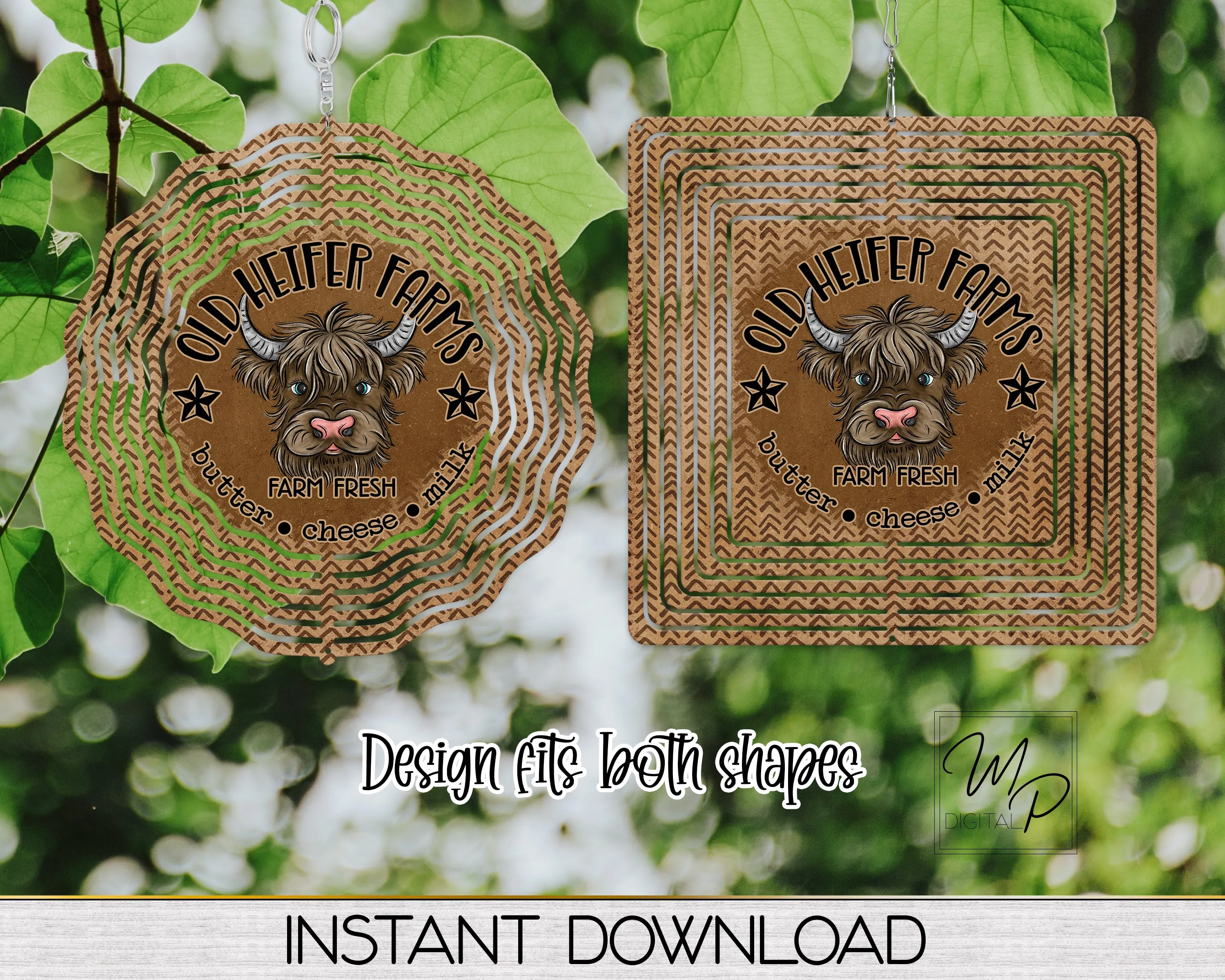 Heifer Farms Highland Cow Garden Wind Spinner PNG Design for Sublimation, Digital Download