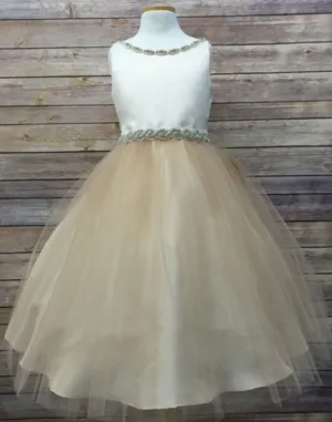 Impressive Satin & Tulle Dress with Rhinestone Gem Neckline & Belt - Ivory