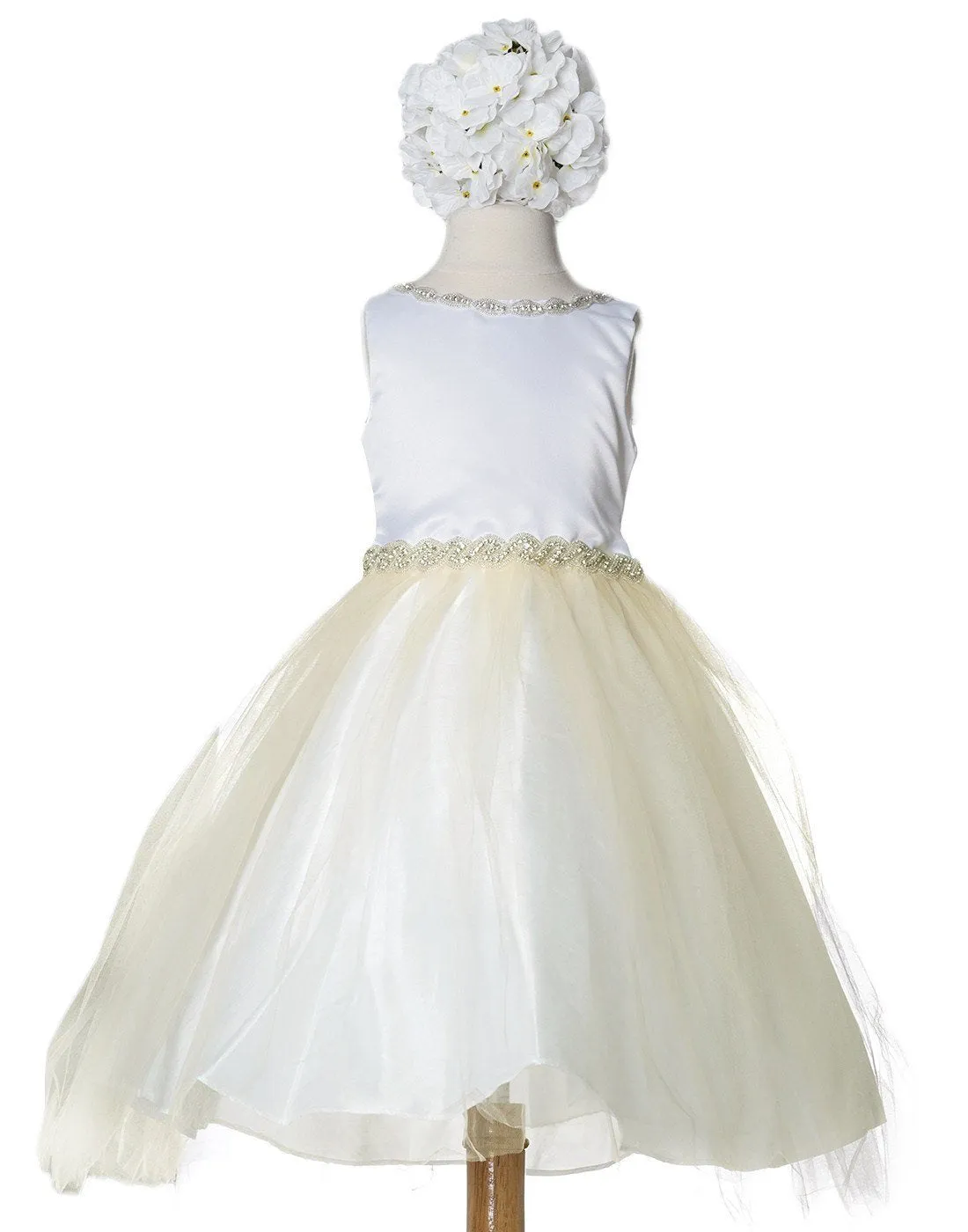 Impressive Satin & Tulle Dress with Rhinestone Gem Neckline & Belt - Ivory