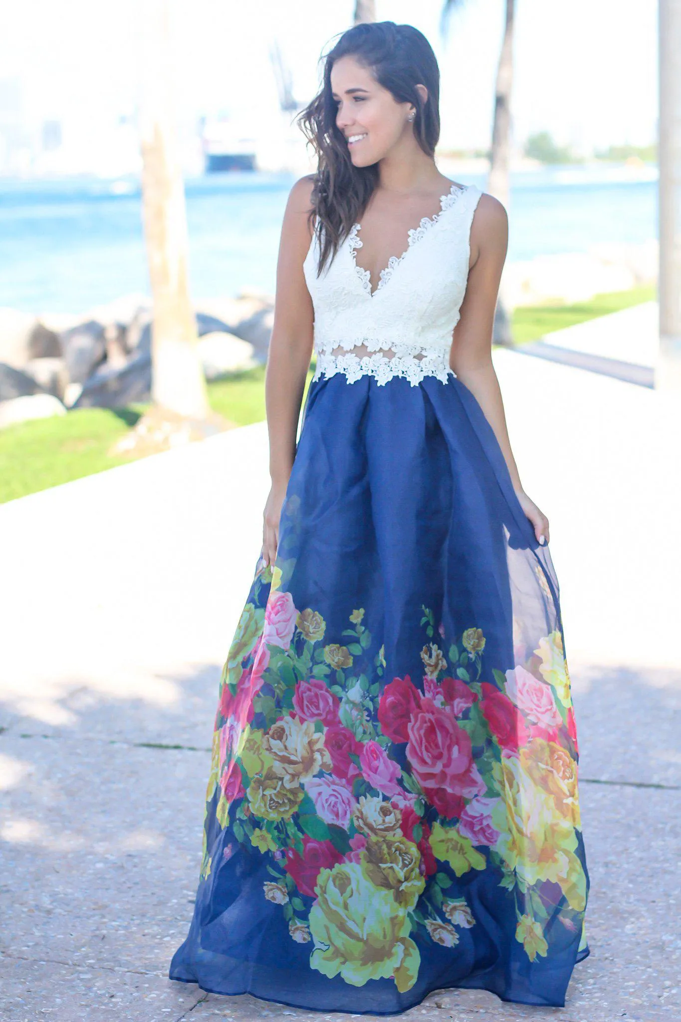 Ivory and Navy Floral Maxi Dress