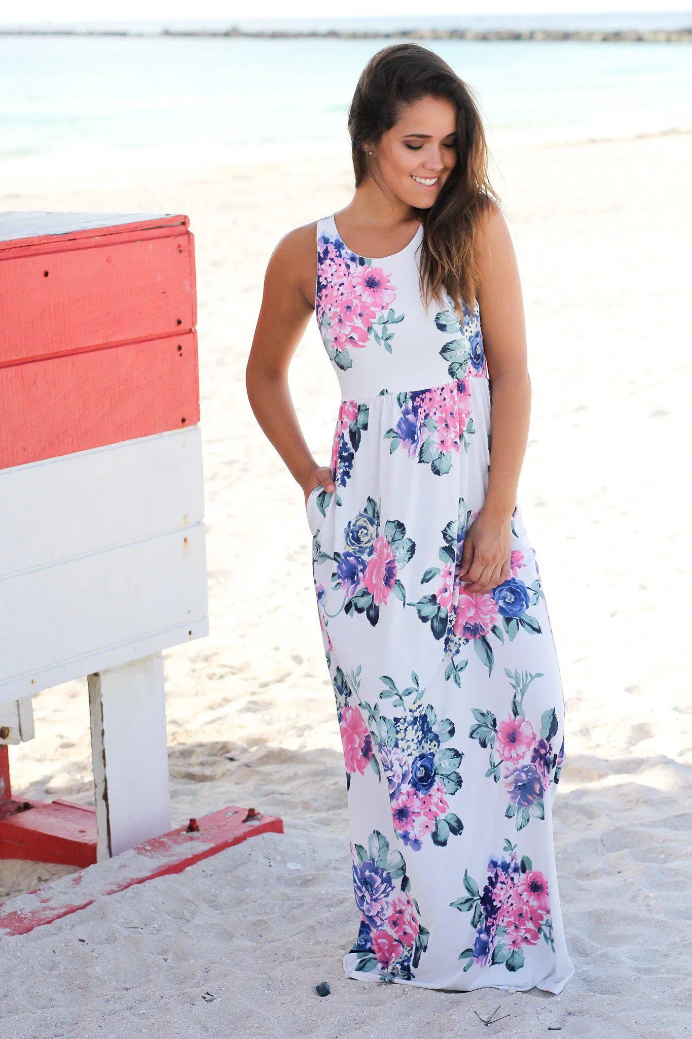 Ivory Sleeveless Maxi Dress with Pink Floral Print