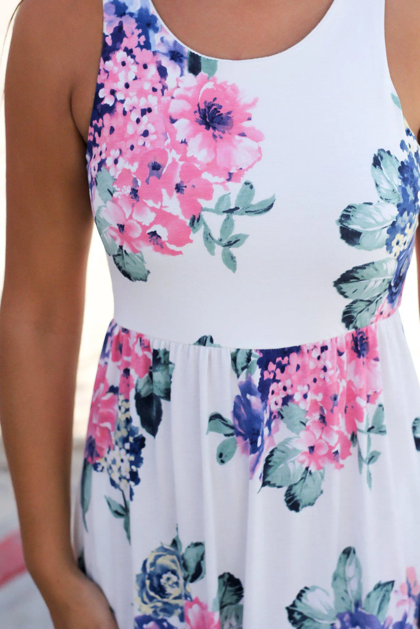 Ivory Sleeveless Maxi Dress with Pink Floral Print