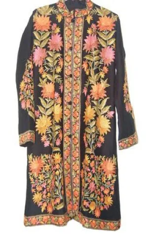 Kashmiri Woolen Coat Black, Multicolor Embroidery #AO-124