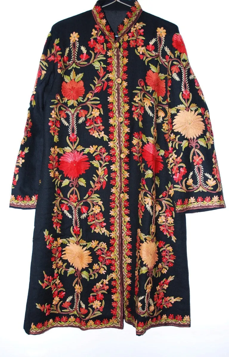 Kashmiri Woolen Coat Black, Multicolor Embroidery #AO-137