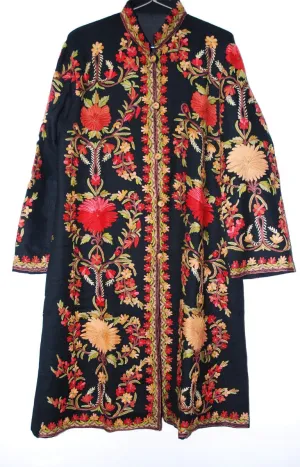 Kashmiri Woolen Coat Black, Multicolor Embroidery #AO-137