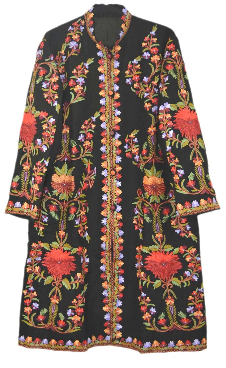 Kashmiri Woolen Coat Black, Multicolor Embroidery #AO-154