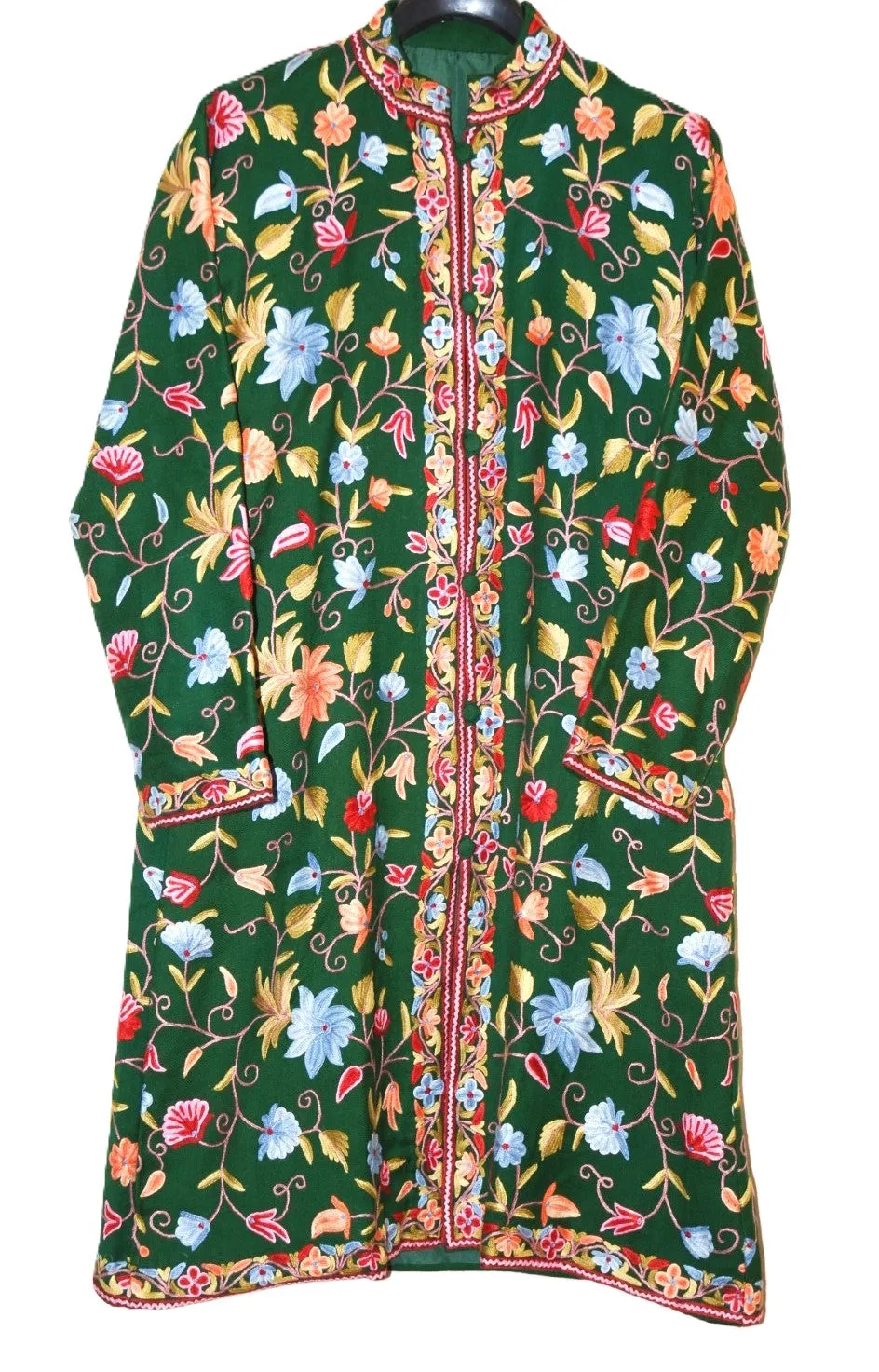 Kashmiri Woolen Coat Green, Multicolor Embroidery #AO-176