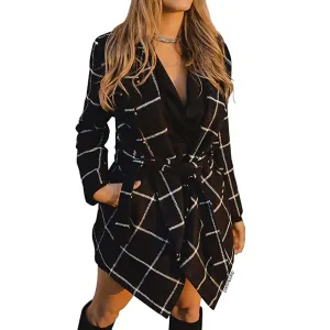 Lace up plaid long sleeved woolen windbreaker coat for women