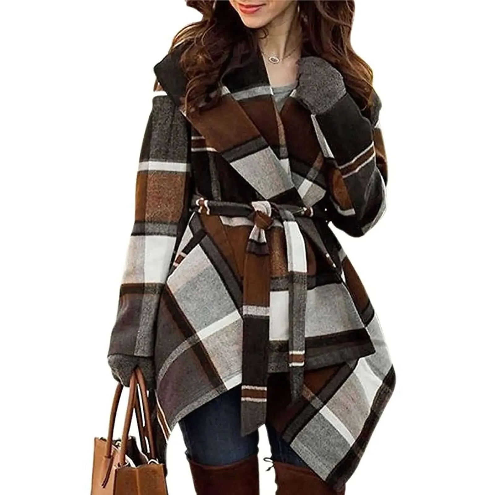 Lace up plaid long sleeved woolen windbreaker coat for women