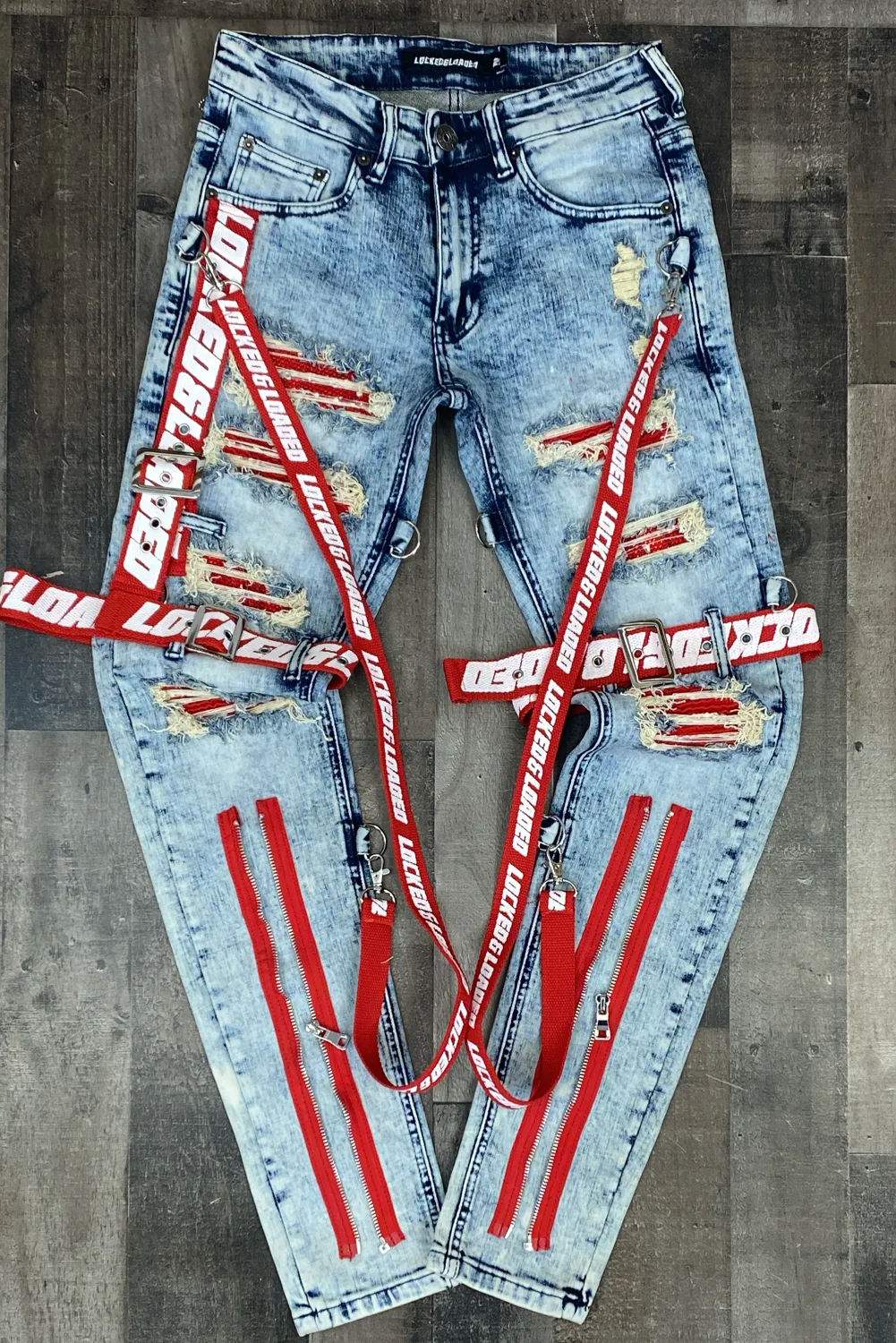 Locked Loaded- locked & loaded strapped studded jeans (light blue/red)