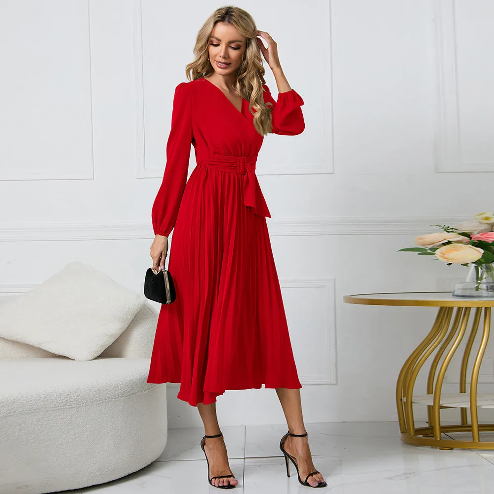 Long Sleeve Slim-fit Pleated Belted V-neck A-line Dress