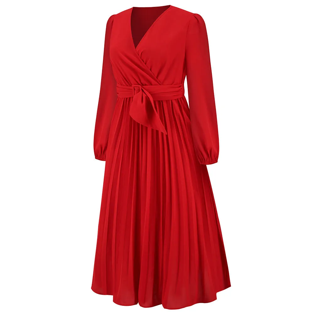 Long Sleeve Slim-fit Pleated Belted V-neck A-line Dress