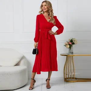 Long Sleeve Slim-fit Pleated Belted V-neck A-line Dress