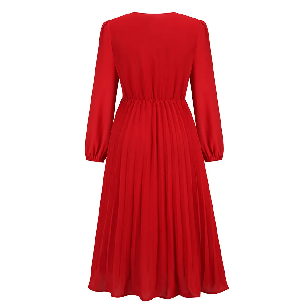 Long Sleeve Slim-fit Pleated Belted V-neck A-line Dress